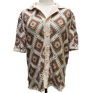 Morse Code Crochet Button Shirt L Boho Granny Square Retro 70s Cream Brown Beach